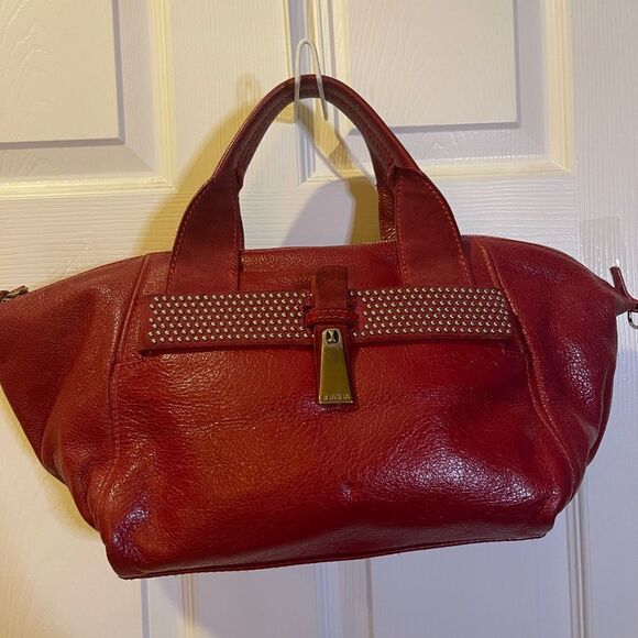 Francesco Biasia leather & suede deep Red medium Satchel gold studs accents. - Picture 3 of 16
